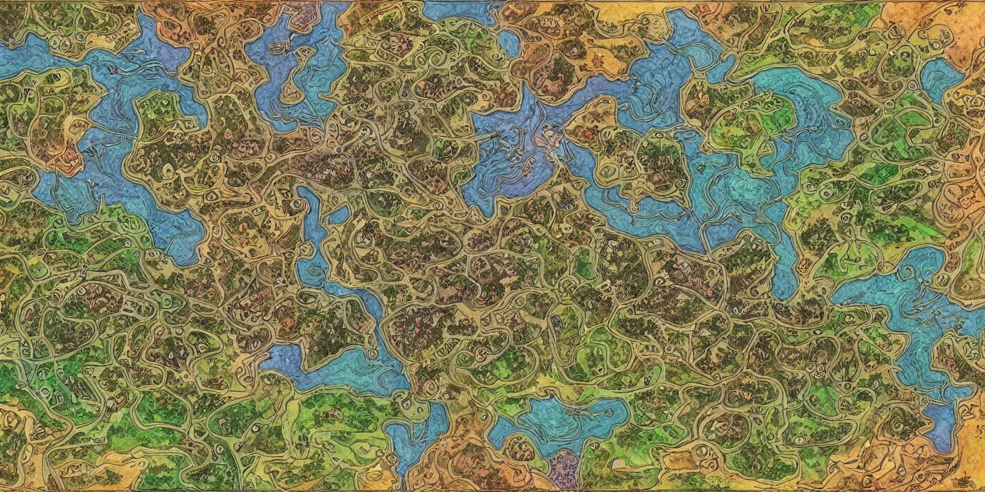Prompt: a rpg map with random colored regions detailed, flat vivid colors and strokes illustrated by Donato Giancola