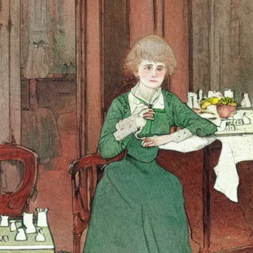 Prompt: a young edwardian woman wearing a green blouse and grey skirt sits by a chessboard at a table, in the style of carl larsson