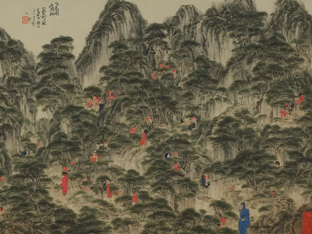 Image similar to landscape painting by huang gongwang, mountains, karst, waterfalls, peasants working, temples, monks roaming, farm animals, ox, long stairs through the hills, ponds