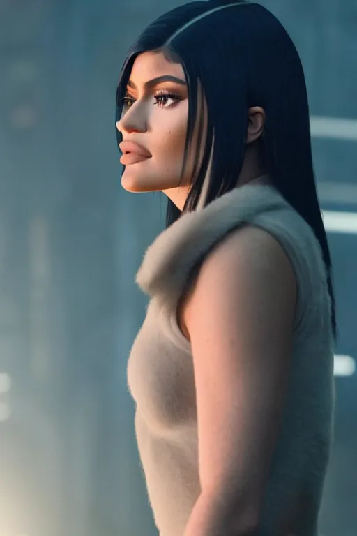 Image similar to Live Action Still of kylie jenner in the movie bladerunner 2049, real life, hyperrealistic, ultra realistic, realistic, highly detailed, epic, HD quality, 8k resolution, full-shot, film still
