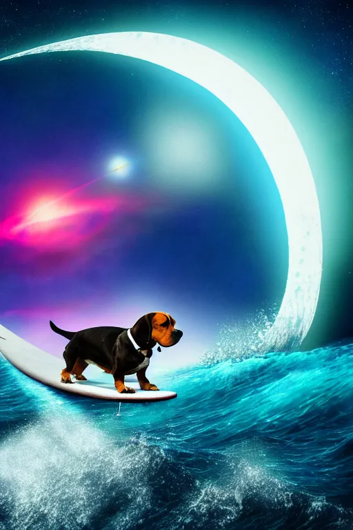 Image similar to beagle dog surfing a surfboard on a sparkly crashing wave of alien ocean in space, background is a moon in nebula, aliens in the background, alien neon colors, octane render, unreal engine, wide view, 8 k, highdetaild