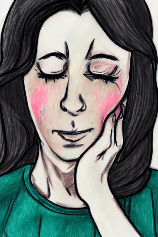 Image similar to woman cryin because toxic relationship, realistic, sketch, colouring and art by jacqueline e