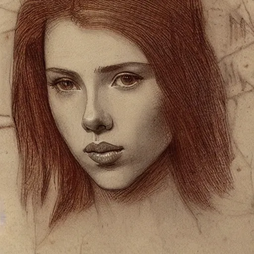 Image similar to a finished, detailed portrait drawing with reddish brown ink on parchment of a very young scarlett johansson, by leonardo davinci in davinci's style from one of his notebooks