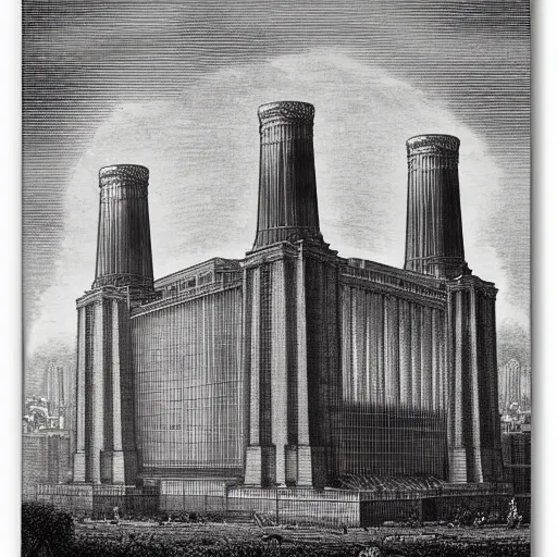 Prompt: A detailed engraving of a battersea power station in the style of gustave dore