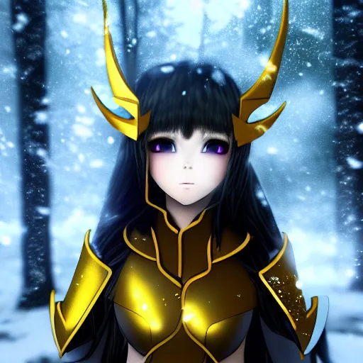 Image similar to focus face portrait of beautiful darkness knight 3D anime girl, golden armor wearing, dark forest background, snowing, bokeh, inspired by Masami Kurumada, digital painting, high contrast, unreal engine render, volumetric lighting, high détail