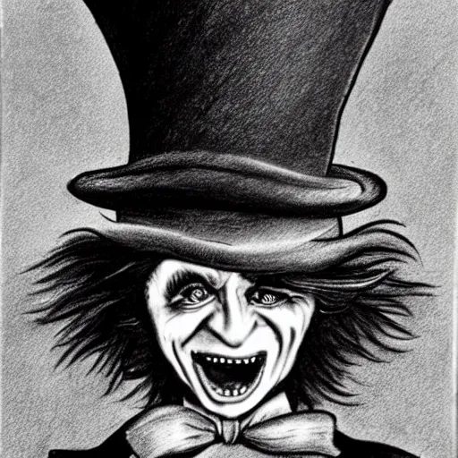 Image similar to horrifying charcoal drawing of the mad-hatter-willie-wonka-babadook