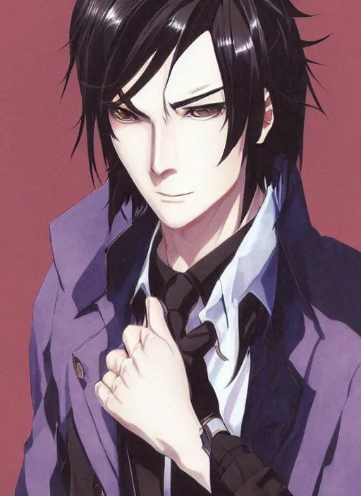 Image similar to portrait illustration by shigenori soejima, handsome male vampire, focus on face, pretty, long black hair, dark blue shirt, light brown trenchcoat