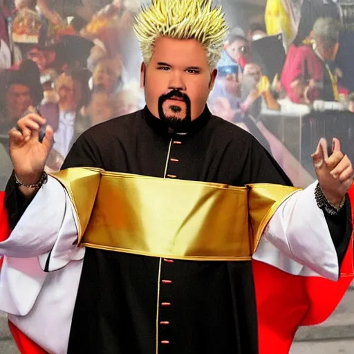 Image similar to guy fieri dressed as the pope, people are cheering for him, the crowd is filled with people wearing tin foil hats, award winning photo,
