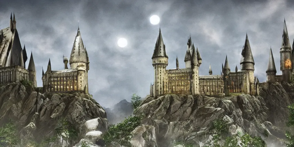 Image similar to insanely detailed long shot of hogwarts castle next to a lake at night with glowing windows cloudy night bright moon, harry potter