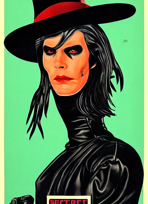 Image similar to perfectly centred realistic picture of a character dressed in leather tight suit and witch hat, dark,!! poster from 8 0 - s by waldemar swierzy,