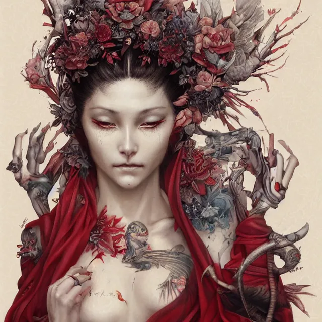 Image similar to ultra realistic illustration, beautifulwoman dressed in red kimono, backview, tattoos, in the style of peter mohrbacher by weta digital and beth cavener, high face symmetry, intricate, masterpiece, award winning, high face symmetry, intricate