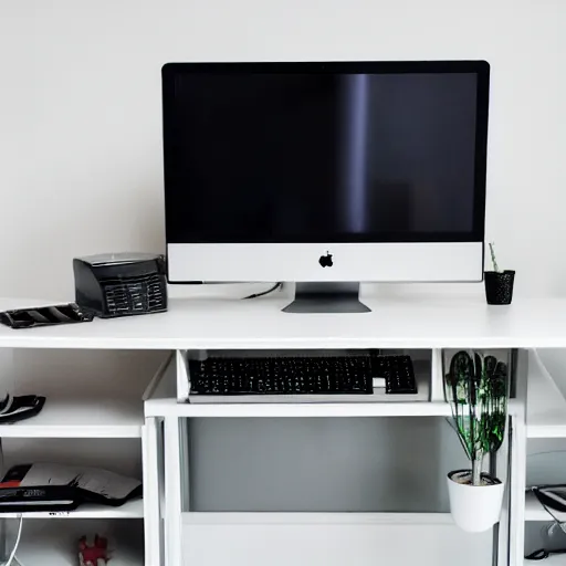 Prompt: 6 4 monitor computer setup, photo, indoors, white walls, home