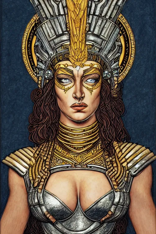 Prompt: The Godess Hera looking angry, detailed armor, portrait, highly detailed, colored pencil, beautiful face, symmetric face, cinematic, art by Hergé