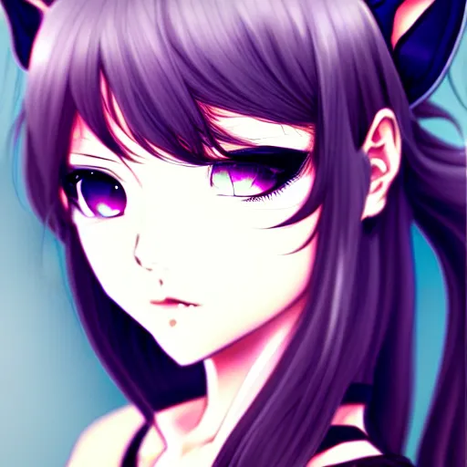 Image similar to full headshot portrait of a catgirl, By shirow masamune, WLOP, Avetetsuya Studios, colored sketch anime manga panel, trending on artstation, pixiv art, smooth, artgem, elegant, highly detailed, pixiv trending, anime inspired, by studio trigger, attractive character