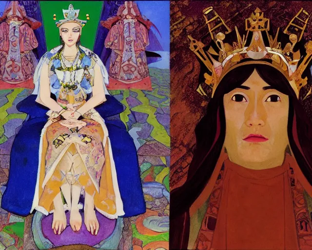 Prompt: an illustration of a queen wearing a dress and a crown, and a veil on a stone throne by nicholas roerich, by gustave moreau, by yoshitaka amano, by katsuhiro otomo, by georgia o keeffe, oil painting