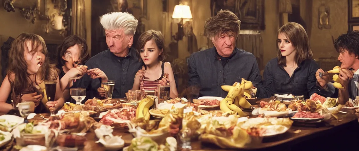 Prompt: photo of family dinner emma watson, david lynch, sylvester stallone, eating bananas, realistic, detailed, emma watson, artsation 4 k