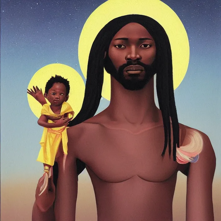 Prompt: an African Jesus and a UFO, portrait painting by Hsiao-Ron Cheng,