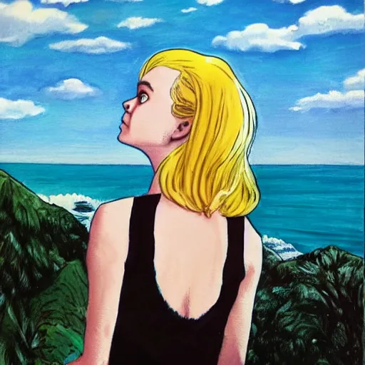 Image similar to painting of Elle Fanning looking at the ocean, in the style of the New Mutants comics