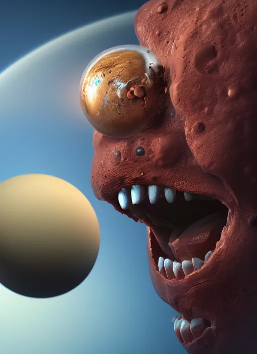 Prompt: 3 d render of characteristic mars eating saturn, au naturel, hyper detailed, digital art, trending in artstation, cinematic lighting, studio quality, smooth render, unreal engine 5 rendered, octane rendered, art style by pixar