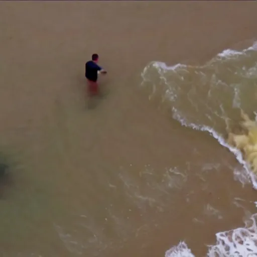 Image similar to cnn news footage of giant donald stump, blond hair being washed up on shore, view from above, tv