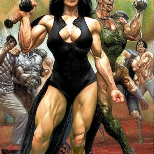 Prompt: woman with black hair, dressed all in black, showing the muscles of her arms, by donato giancola, alex ross, and berthold woltze.
