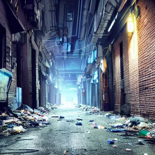 Image similar to a cinematic frame of a dead end alleyway in a futuristic dystopian city, night time, littered with garbage, cold blue lighting, brutalist architecture, damp, cityscape, vanishing point perspective