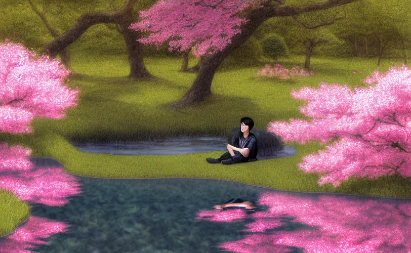 Image similar to pink haired young asian man backlit staring at black haired young asian man from across a pond, by alan lee, muted colors, springtime, colorful flowers & foliage in full bloom, sunlight filtering through trees & skin, digital art, art station cfg _ scale 9