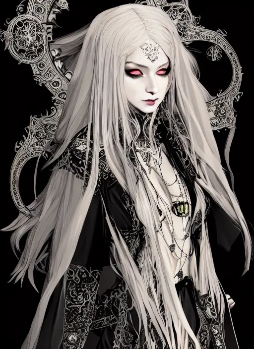 Image similar to beautiful human witch with blonde long straight hair in intricate ornate witch robe, haughty evil look, witch hat. in style of yoji shinkawa and hyung - tae kim, trending on artstation, dark fantasy, great composition, concept art, highly detailed, dynamic pose.