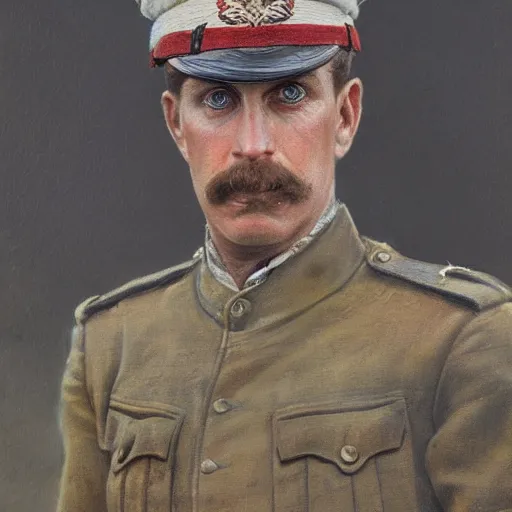 Prompt: a detailed photorealistic portrait painting of a 1 9 1 7 worried - looking british officer in field gear from the arab bureau, ultra realistic, intricate details, atmospheric, dark, brooding, highly detailed, by clyde caldwell