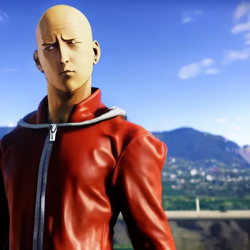 Prompt: an ingame shot of the one punch man as a gta 5 character, ingame shot from gta 5, ray tracing x, wet reflections, unreal engine 5, intricate details, fantasy, hyper realism, humongous view, smooth, cinematic