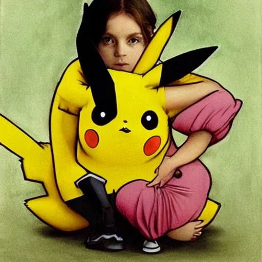 Image similar to girl in a pikachu costume, art by Annie Libovitz and Alhpnse Mucha,