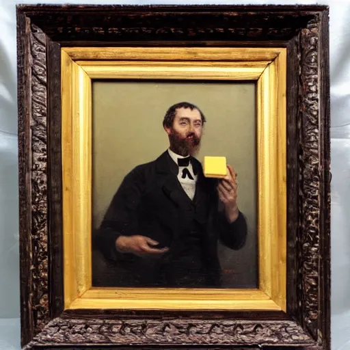 Prompt: victorian oil painting of a man with a piece of cheese for a head, 4 k, high octane