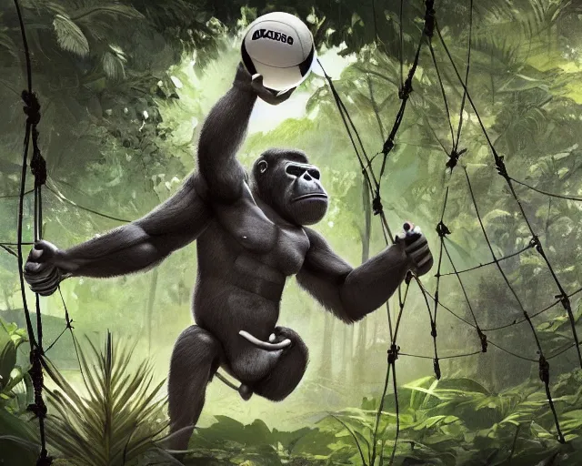 Image similar to a gorilla holding a volleyball and playing volleyball in a jungle, volleyball net, in the style of greg rutkowski, high detail