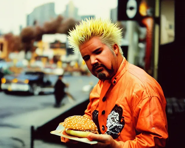 Image similar to dramatic color photo of guy fieri eating a burger, detailed and creepy, by william eggleston, fujifilm velvia 5 0, color photography, sigma 2 8 mm