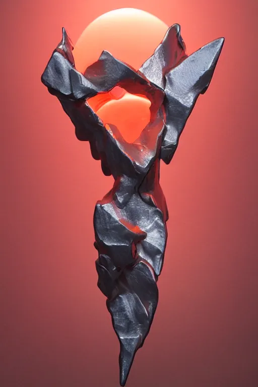 Prompt: realistic 8k Roberto Ferri Sculpture of random jagged reflective metal pieces forming the shape of a person silhouetted by a bright red sun, godrays, glinting metal, neon colors, cyberpunk, smooth, sharp focus, 24mm lens, DOF, hyper realistic, art by Greg Rutkowski and Ruan Jia and Giger