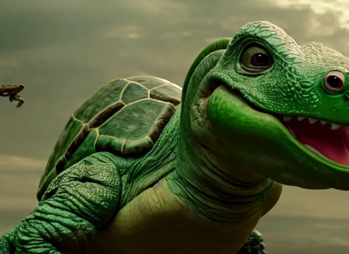 Image similar to film still of yoshi in the new sci - fi movie, cute upright dinosaur with a small turtle shell and long tongue, 8 k