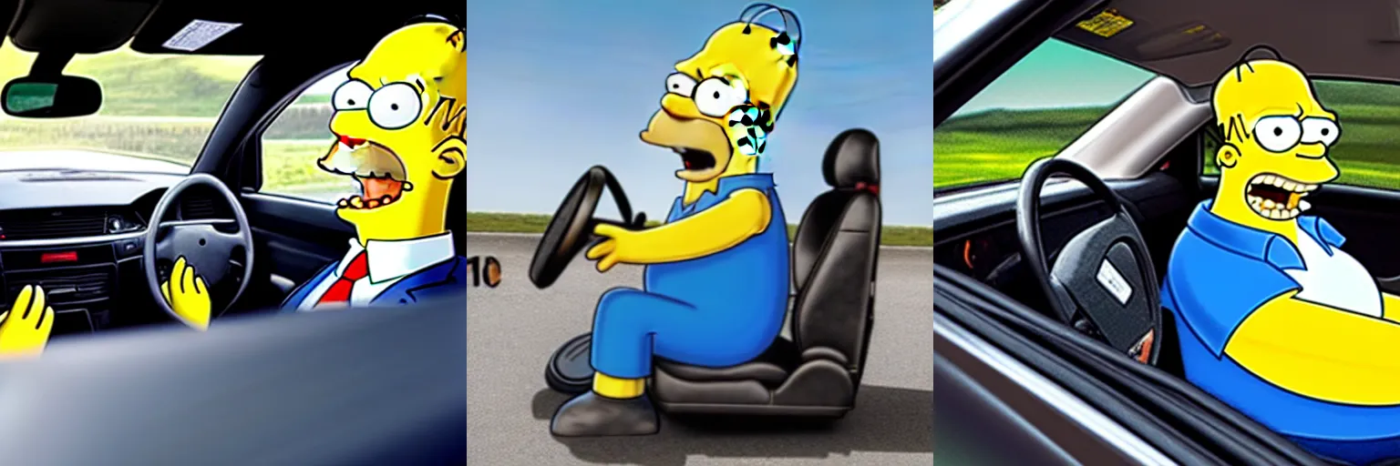Prompt: Advertisement photo of excited real-life Homer Simpson sitting in the driver seat of a LADA VAZ-1111