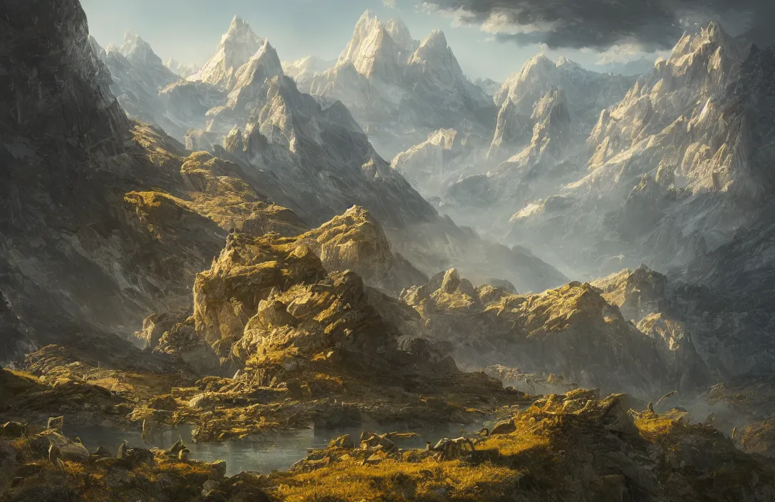 Image similar to a huge swiss landscape in the style of martin deschambault, nicolas bouvier, detailed dreamscape, hyperreal phantastic, intricate details in environment, golden ratio, high aestehtic, cinematic light dramatic light, lightrays, flying birds in distance, photobash, hyperreal 4 k