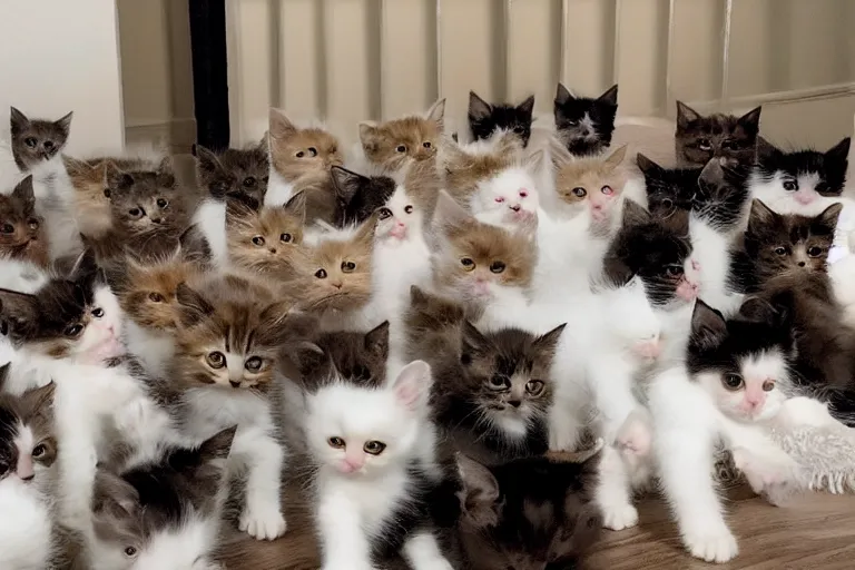 Image similar to a living room full of cute kittens that are all sitting and all of the kittens are facing directly at the camera and all of the cats are looking directly into the camera
