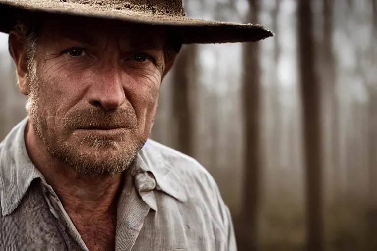 Image similar to a cinematic headshot portrait of a farmer, stood outside a wooden cabin, movie still, ultra realistic, dramatic lighting, by annie leibovitz