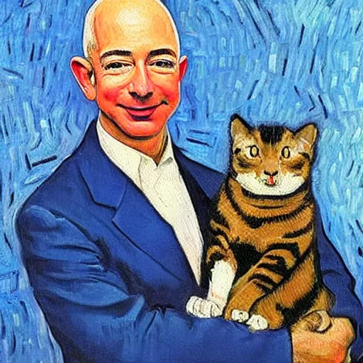 Image similar to a beautiful oil painting of jeff bezos holding a cat, 8k , award winning , made in 1800's , old , painted by vincent van gogh