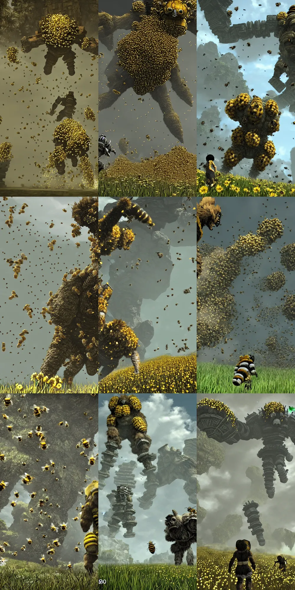 Prompt: screenshot, shadow of the colossus covered in bees, bee swarm, bees covering