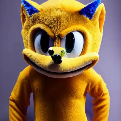Image similar to Sanic the hedgehog costume imported from overseas, cheap Sonic knockoff, photographed by Canon EOS, cinematic lighting, natural complexion, extremely high definition shot, aesthetic canon of proportions