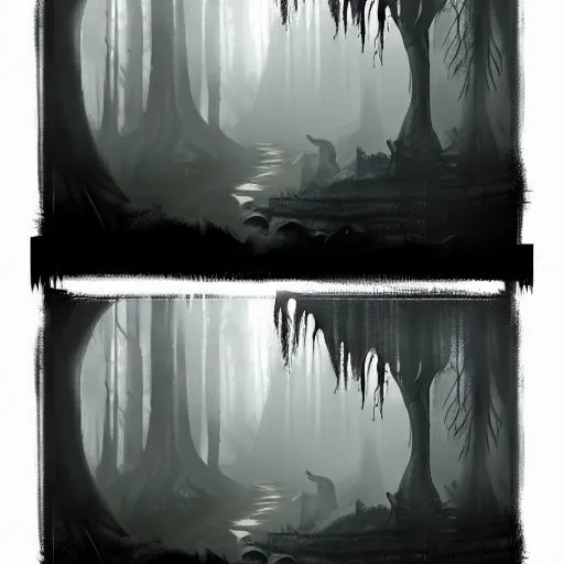 Prompt: dark fantasy landscape forest in the style of symbaroum