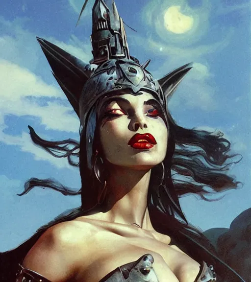 Image similar to evil princess of the wasteland, scrap metal headdress, strong line, deep color, cloudy sky, beautiful! coherent! by brom, by frank frazetta, low angle