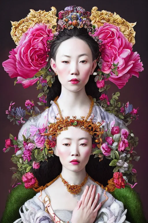 Image similar to a beautiful empress portrait, with a brilliant, impossible striking big flower headpiece, clothes entirely made out of flowers, symmetrical, dramatic studio lighting, rococo, baroque, jewels, asian, hyperrealism, closeup, D&D, fantasy, intricate, elegant, highly detailed, digital painting, artstation, octane render, 8k, concept art, matte, sharp focus, illustration, art by Artgerm and Greg Rutkowski and Alphonse Mucha