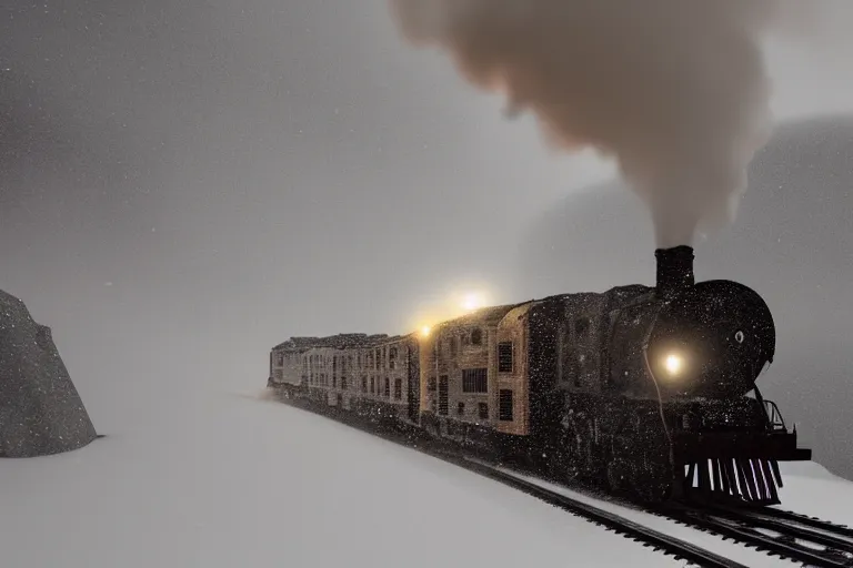 Image similar to an old locomotive is rushing through the snow storm in high speed, white steam on the side, and dark smoke with fire from the pipes, dynamic angled shot, speed lines, fire particles and snowflakes everywhere, 8k, hyperrealistic, ultra sharp, octane render, unreal engine, light breaks through the roofs, artstation, very detailed, 16k, cinematic scenery,