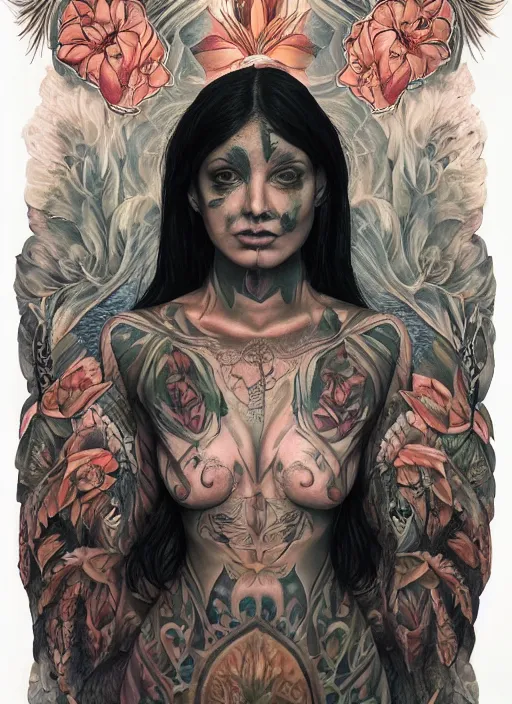 Image similar to beautiful enlightened woman instagram cult influencer with tattoos, tattooed skin, oil painting, robe, symmetrical face, dark ritual myth, by martine johanna, sean yoro masterpiece