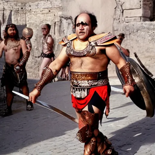 Prompt: Danny DeVito dressed as a gladiator in the streets of Ancient Rome