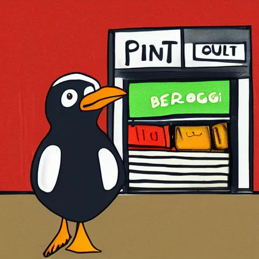 Prompt: pingu trying to sell bags on the street, moody, dark, digital art